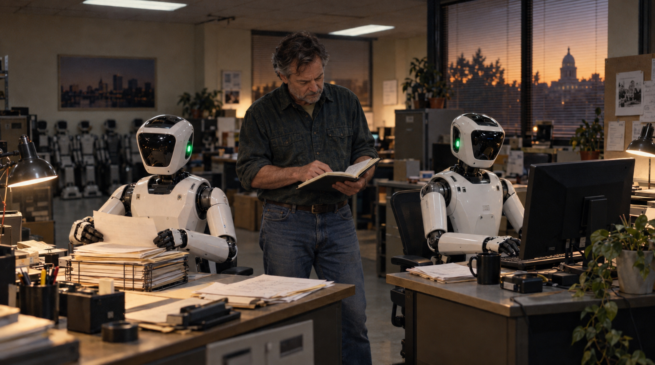 The same engineer stands between two humanoid robots at their desks in a tidy workshop at dusk, reviewing a handwritten logbook while one robot sorts paperwork and the other works at a monitor.