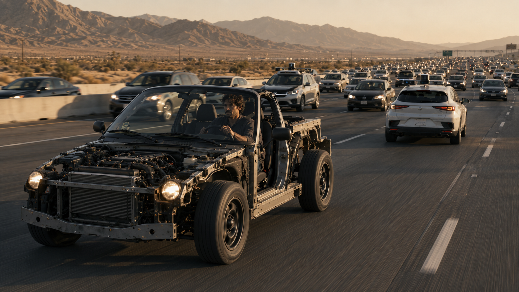 A driver keeps pace on a crowded desert freeway at golden hour in a car stripped to its bare chassis. No body panels, no doors, the engine and radiator fully exposed, surrounded on all sides by complete late-model cars travelling the same speed.
