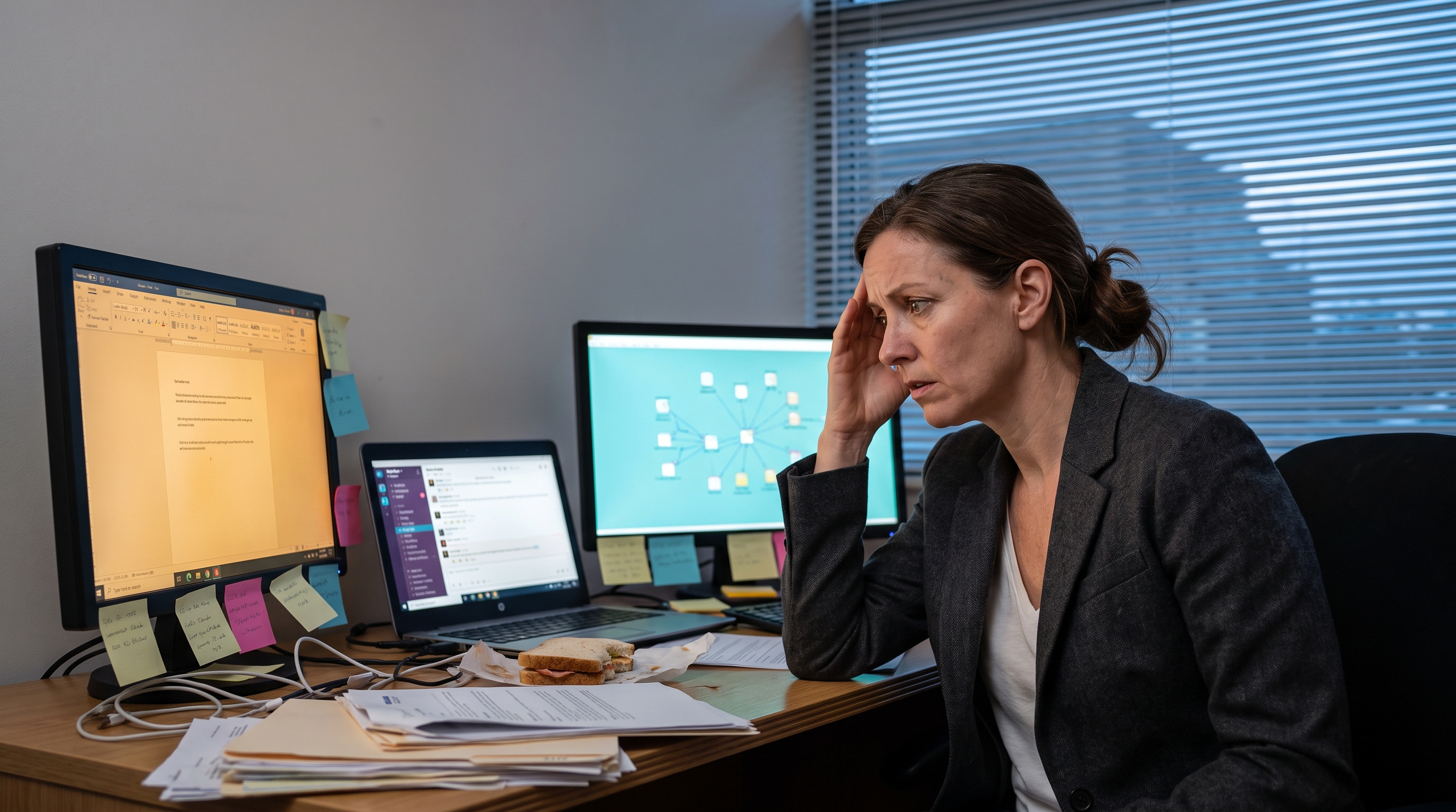 An overwhelmed operations manager surrounded by cluttered monitors, sticky notes, and scattered papers, representing the chaos of ad hoc AI adoption before a clear framework is applied.