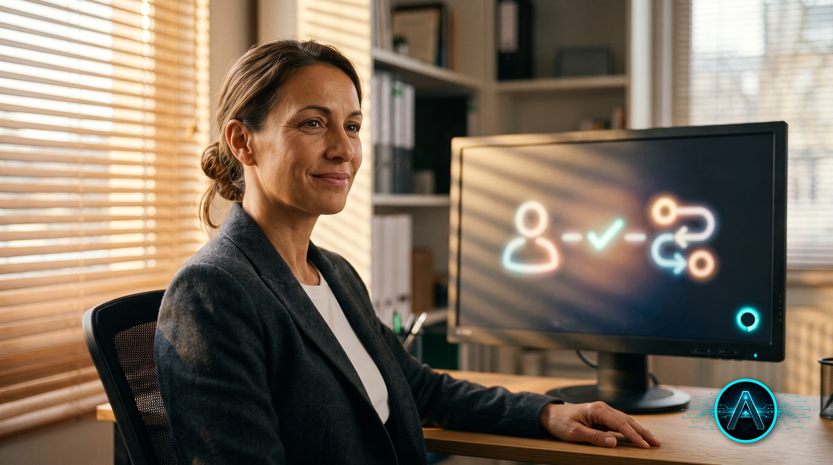 The same operations manager, now calm and confident, reviewing a single unified workflow on her monitor showing a human-review stage connected to an automated stage by a checkmark, with the AI Actualized mark glowing in the corner of the frame.