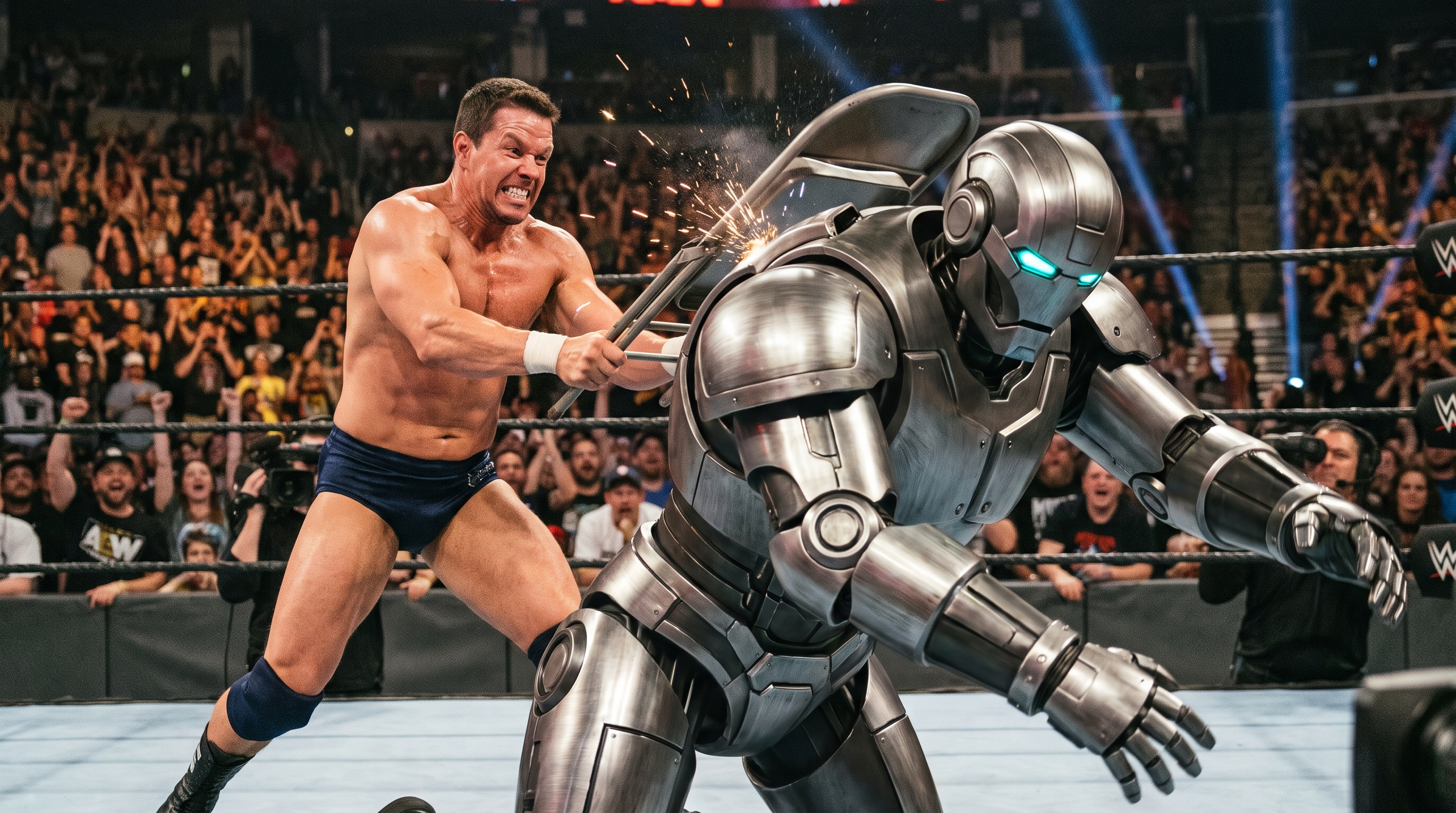 A human wrestler smashes a steel folding chair across the back of a muscular robot wrestler as sparks fly and the arena crowd roars
