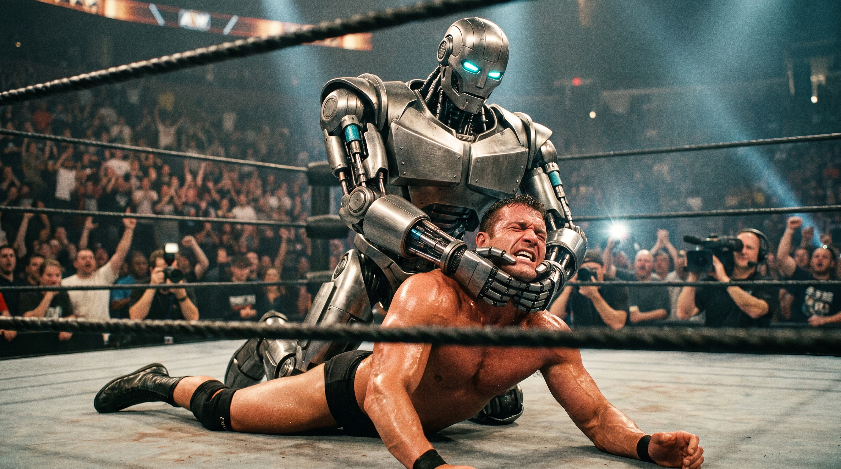 A muscular robot wrestler holds a human wrestler in a camel clutch in the center of a wrestling ring while a packed arena crowd goes wild