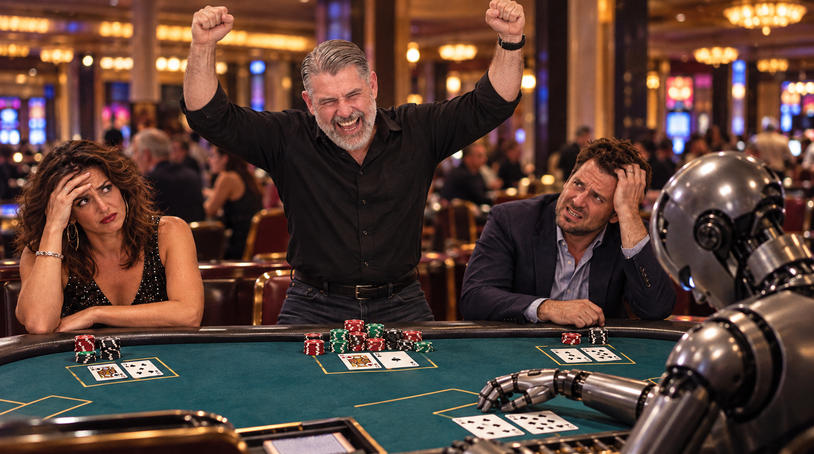 The same casino table, where the gray-bearded player in the black shirt stands with both fists raised in victory while the other players and the robot dealer look on.