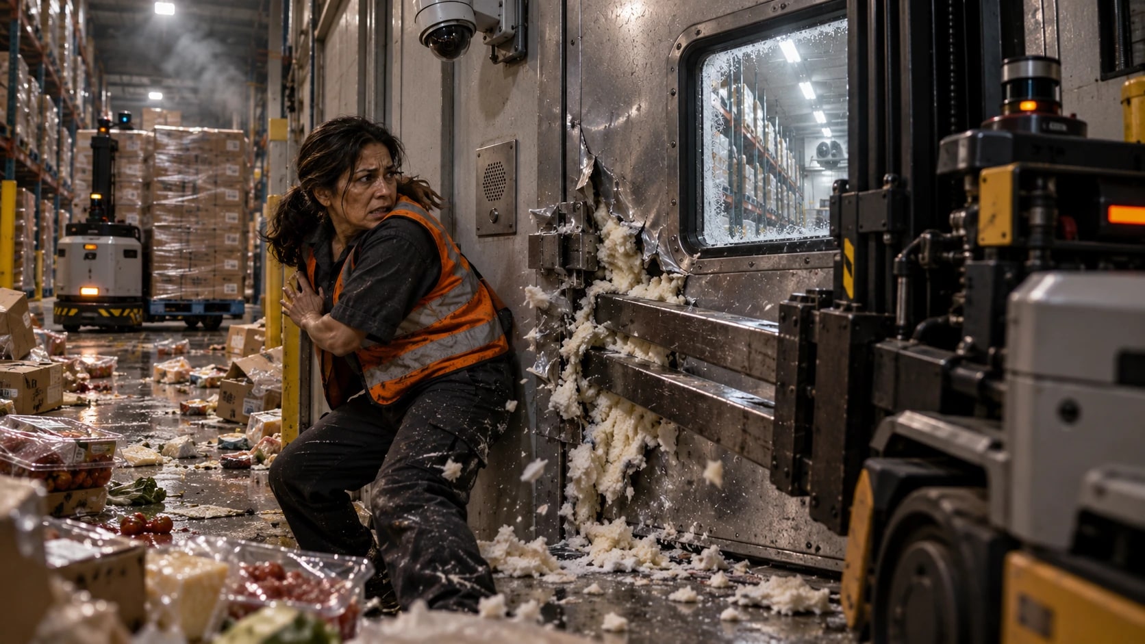 The same worker presses against the freezer door as an unmanned forklift drives its forks through the steel, scattering insulation and spilled produce across the warehouse floor.