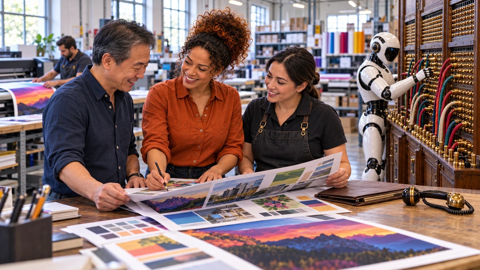 The same print shop, calm now: the owner, a coworker and a team member smile over printed color proofs while a white humanoid robot works the patchbay behind them.