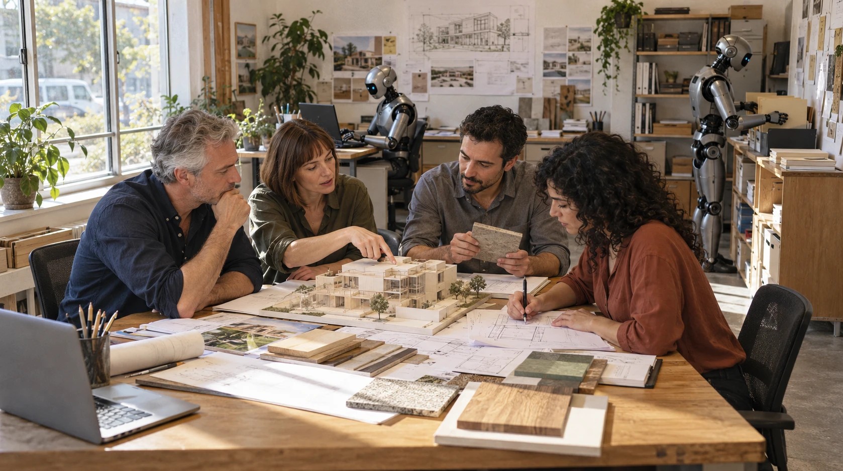 The same four architects sit calmly around a clean table, studying a building model and material samples together while two humanoid robots handle paperwork at desks in the background.
