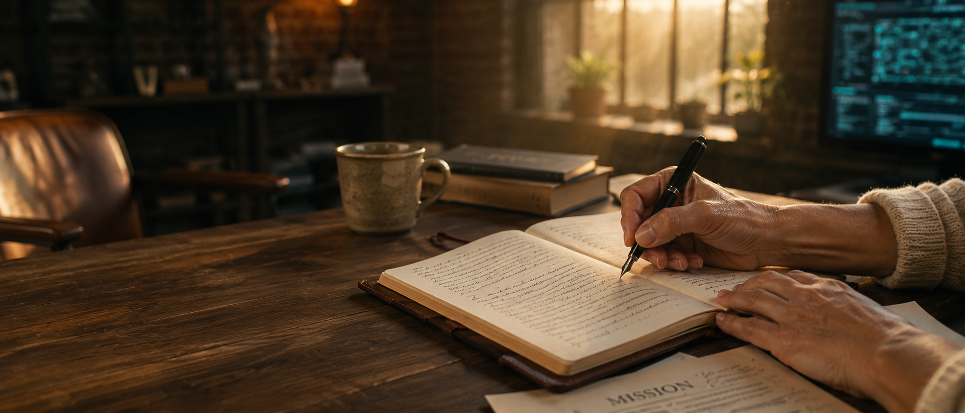 A founder writing in an open leather notebook at a warm wooden desk in late afternoon golden light, with a 'Mission' worksheet visible nearby and the faint cyan glow of an AI dashboard in the deep background.