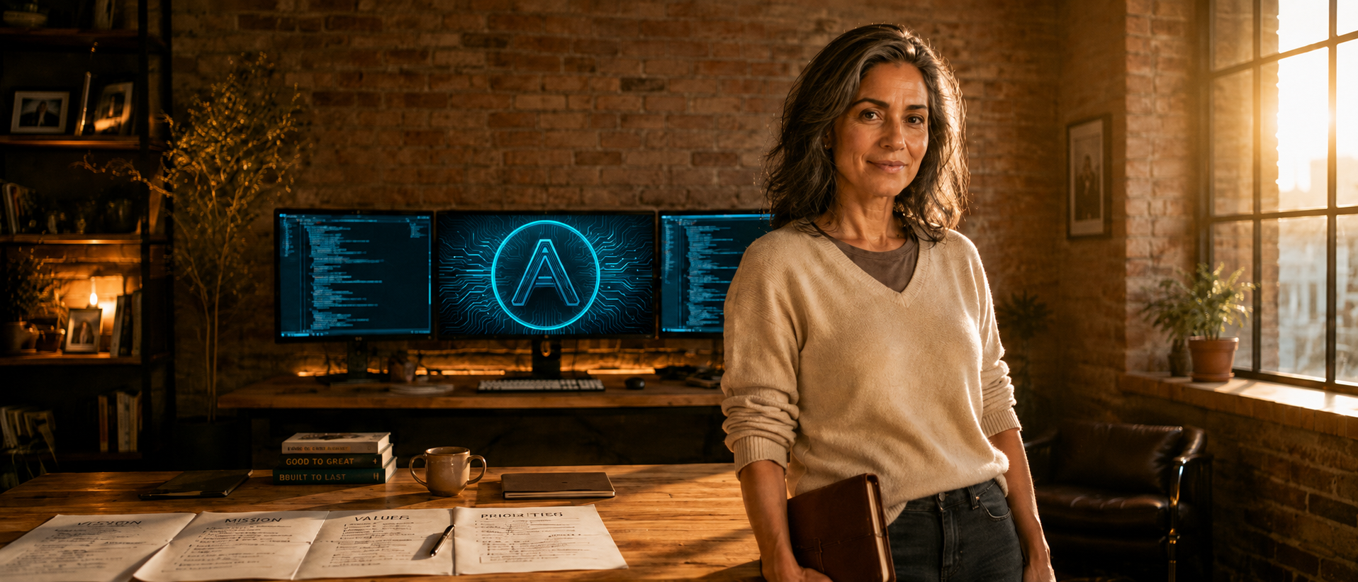 The same founder standing confidently in her office after completing the Why exercises. The AI Actualized brand mark glows on the center monitor behind her. Mission, vision, values, and priorities worksheets spread across the desk. Late golden hour light pours through the window. Her closed leather notebook is tucked under her arm.