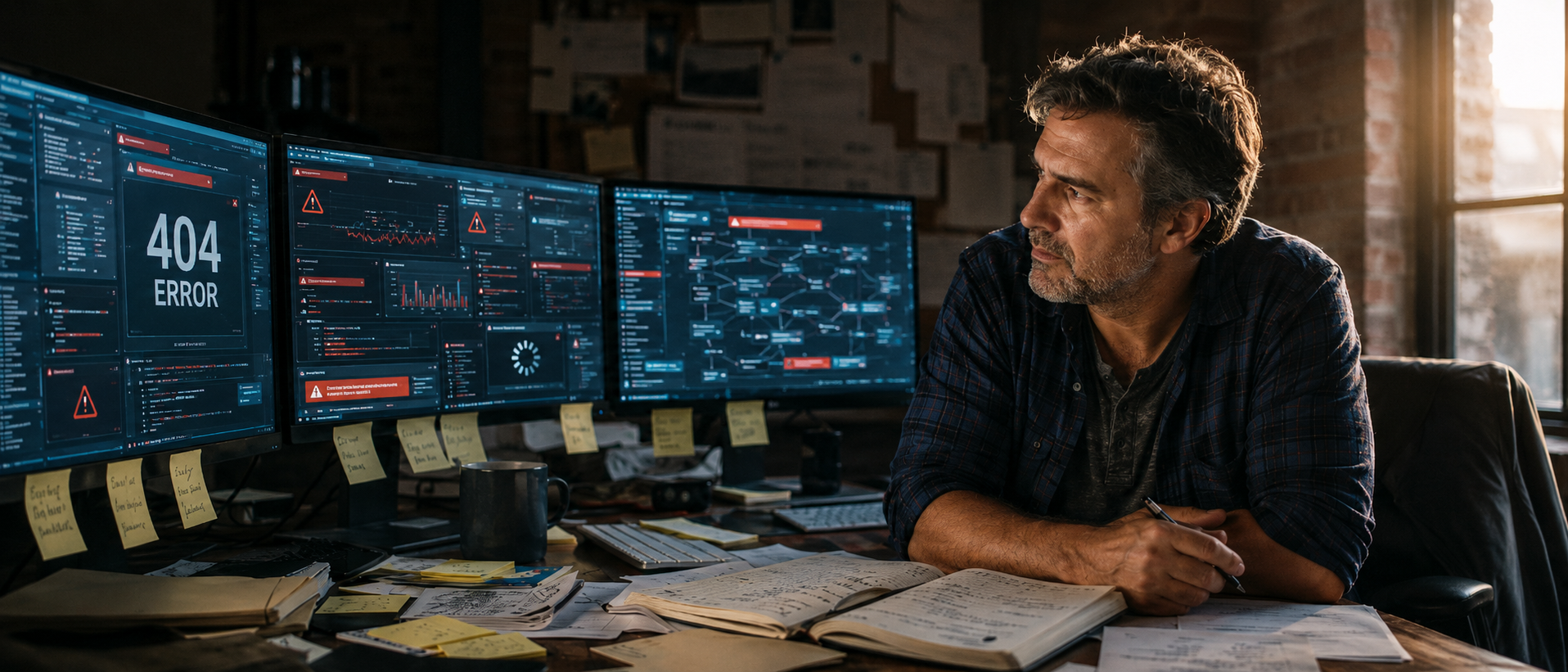A small-business owner at a wooden desk in a converted industrial office, late golden hour pouring through a steel-framed window from one side. Three monitors line the desk showing cluttered dashboards, 404 errors, and tangled charts. Scattered yellow sticky notes around the bezels, an open notebook of margin notes in front of him. He sits forward, pen in hand, looking sideways at the screens with a focused but searching expression. The classic pilot-purgatory moment: too many tools, no system yet.