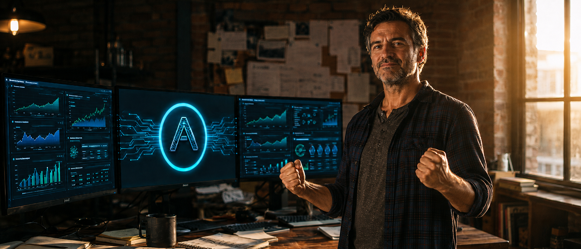 The same small-business owner from the top of the post, now standing at his cleaned-up three-monitor workstation with the AI Actualized brand mark glowing on the center screen. Clean dashboards on the side monitors. Late golden hour through the window behind him. Fists at his sides in a quiet triumphant pose. The resolved state: same operator, same desk, system now serving him instead of overwhelming him.